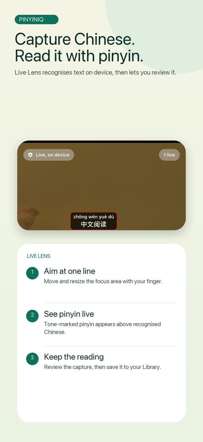 PinyinIQ Live Lens identifying a line of Chinese and showing its pinyin